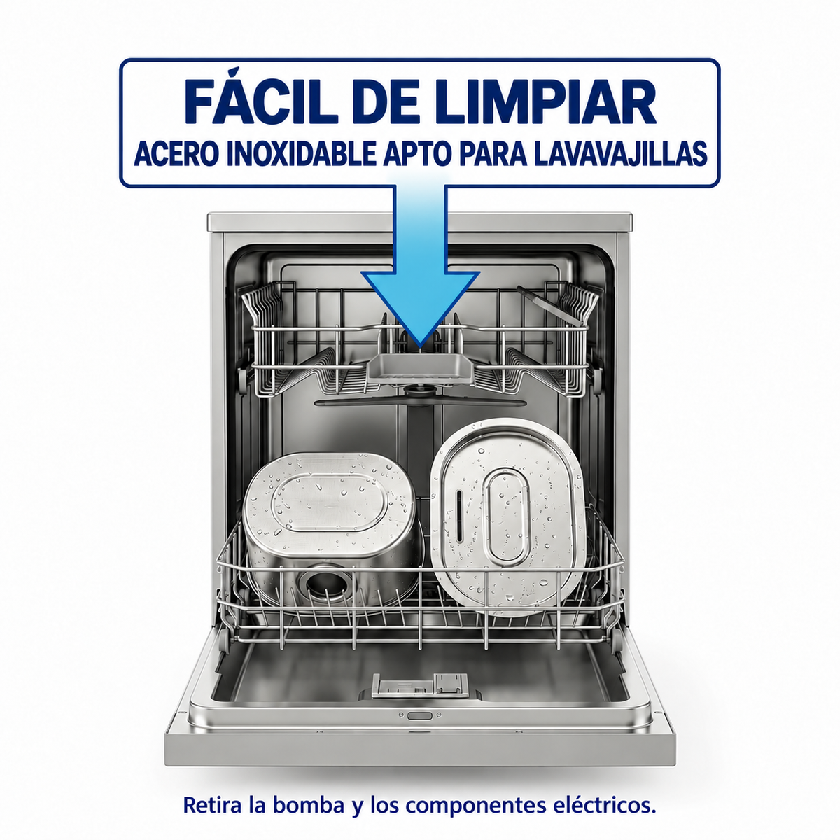 El depósito y la tapa de acero inoxidable se pueden lavar en el lavavajillas.