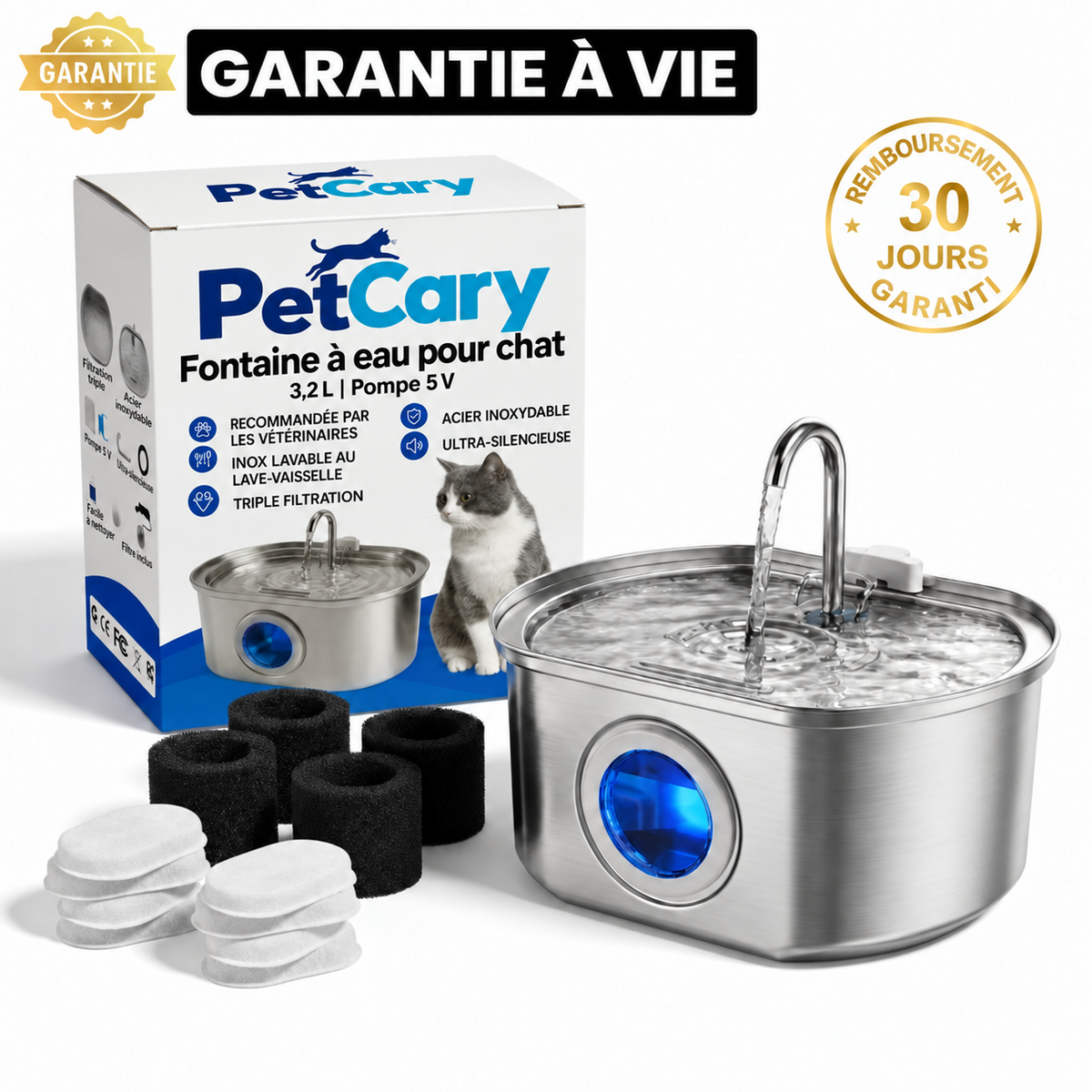 Fontaine à eau PetCary en inox avec filtres et garantie à vie