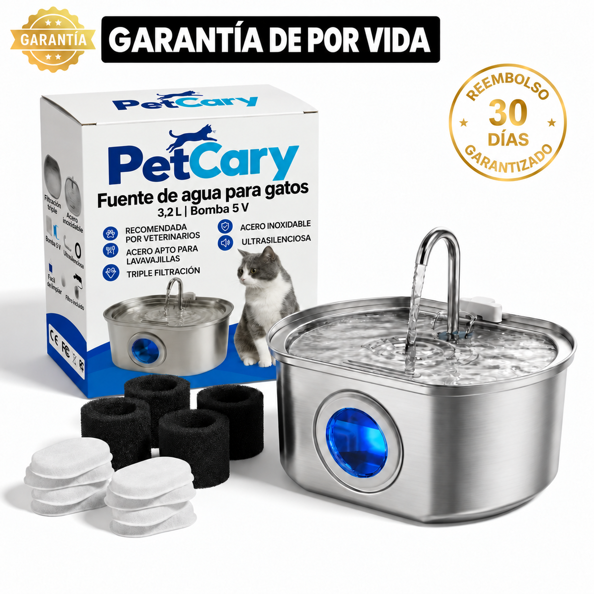 Fontaine à eau PetCary en inox avec filtres et garantie à vie